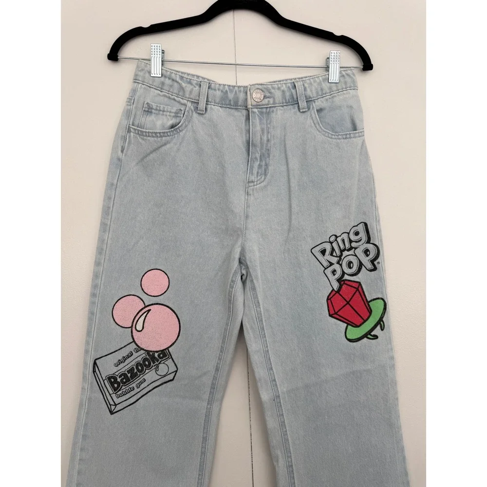 Justice Girls Bazooka Ring Pop Graphic Wide Leg Jeans Light‎ Wash Blue Size 16